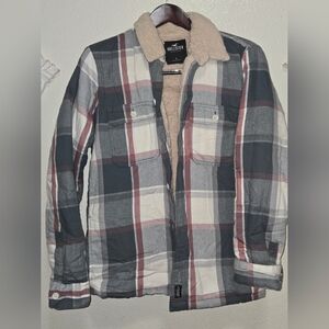 Hollister Jacket Men Small Gray Button Down Shacket Plaid Sherpa Fleece Winter